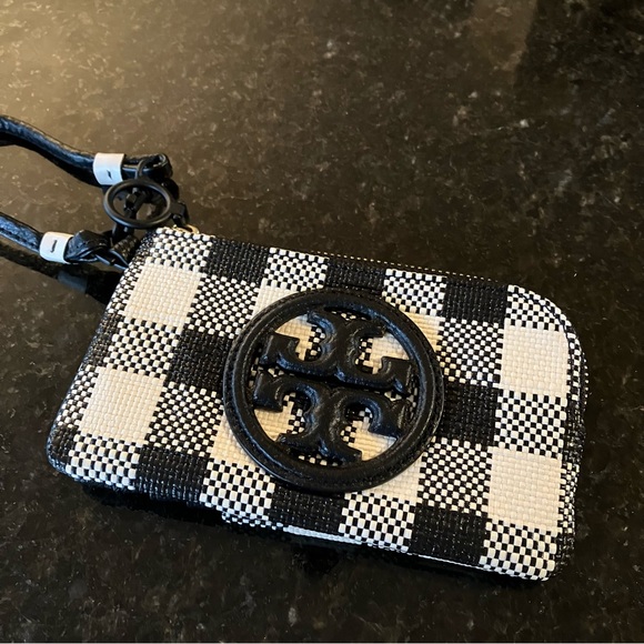 New Tory Burch Perry Bombe Gingham Top-Zip Card Case, Leather Wristlet, Black - Picture 7 of 15